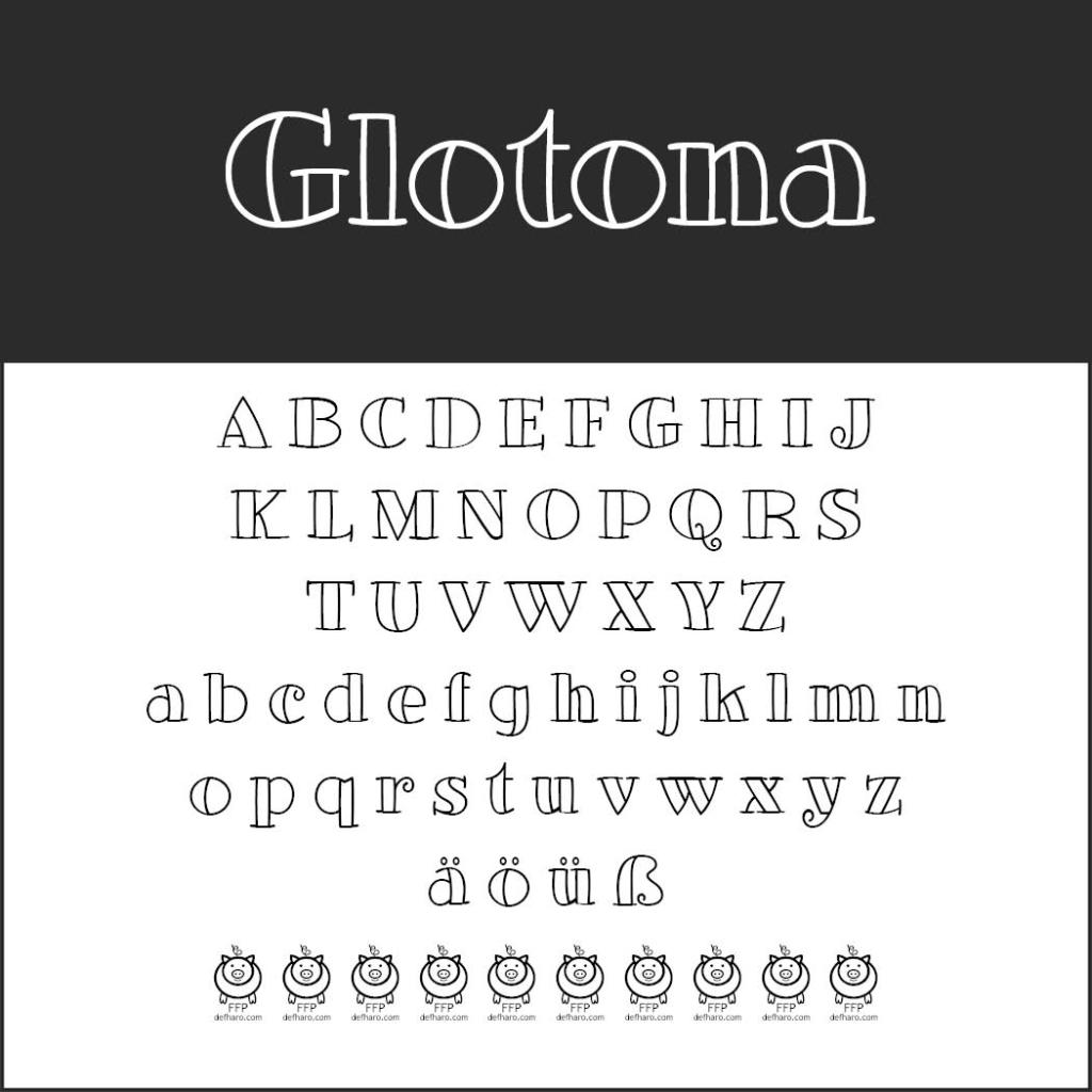 Un'esposizione del font Glotona da colorare in una casella di anteprima, con lettere maiuscole e minuscole dalla A alla Z insieme ai caratteri ä, ö, ü, ß. Il design è completato da un grazioso set di piccole ciambelle illustrate nella parte inferiore.