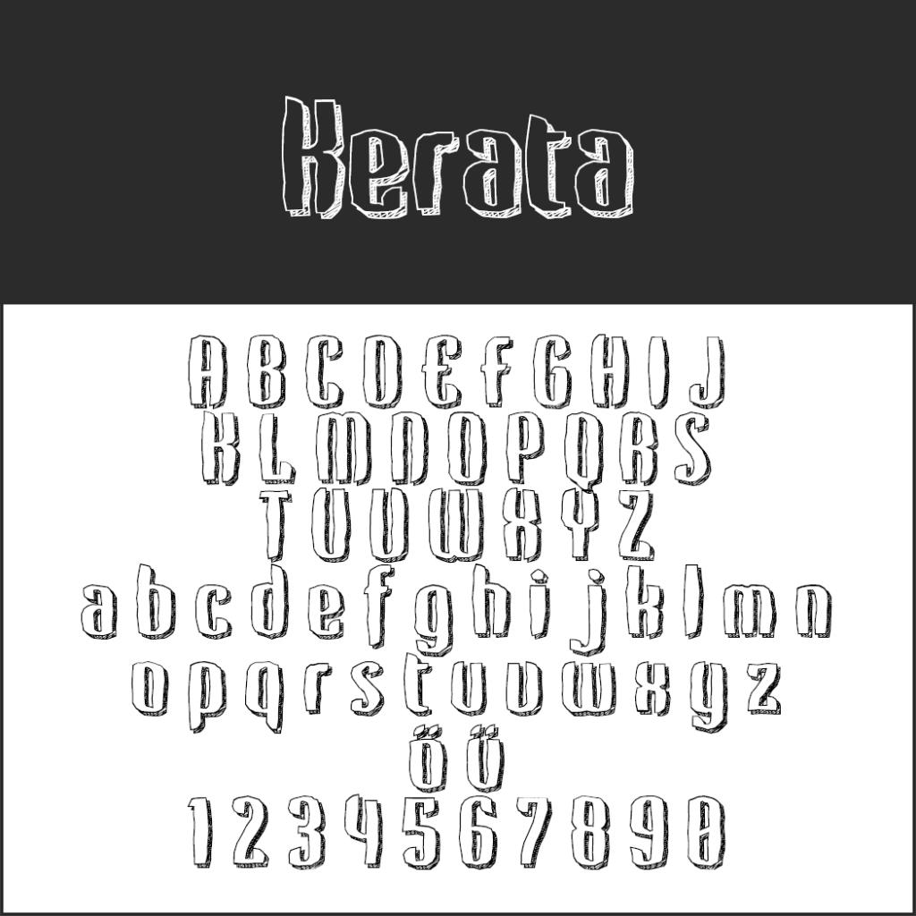 Viene visualizzato un font stilizzato denominato Kerata, perfetto per chi ama i font da colorare. Include lettere maiuscole e minuscole, caratteri speciali e numeri da 0 a 9. I caratteri sembrano disegnati a mano con uno stile strutturato, simile a uno schizzo.