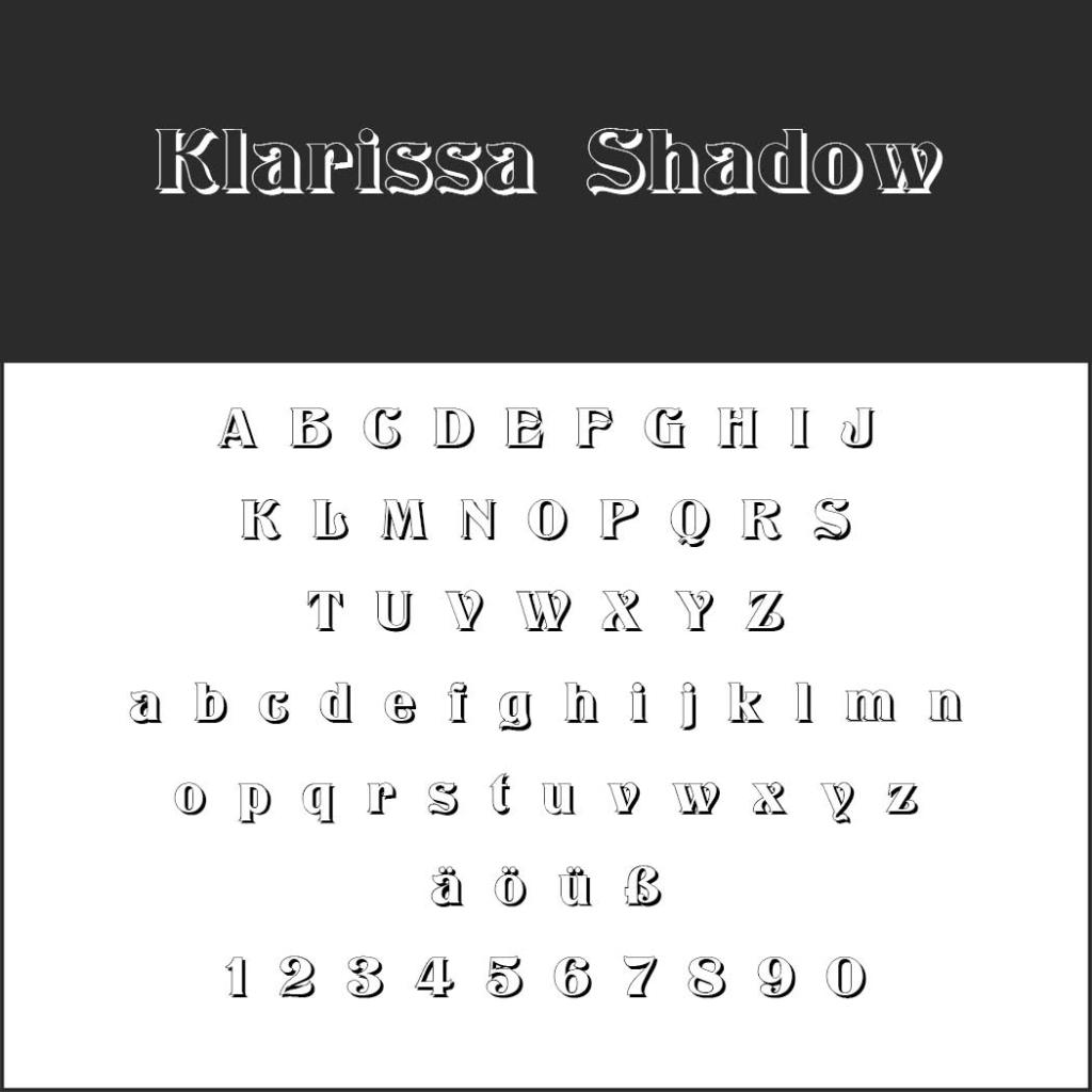 Un campione di font intitolato Klarissa Shadow visualizzato in lettere maiuscole e minuscole, numeri e alcuni caratteri speciali. Questo font da colorare presenta un effetto ombra che unisce eleganza a uno stile audace, rendendolo perfetto per progetti creativi.
