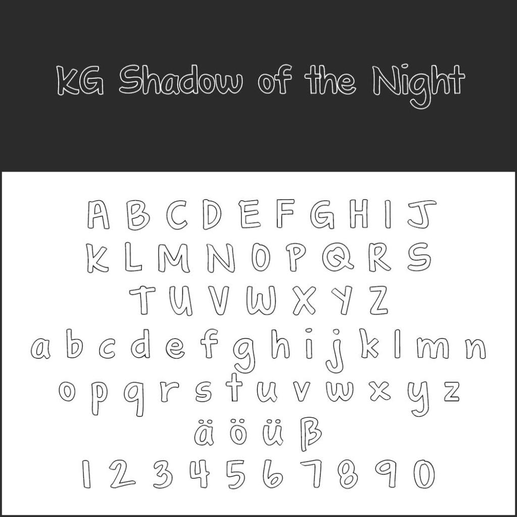 Una lavagna mostra il testo bianco stilizzato "KG Shadow of the Night" sopra un display alfabetico. Le lettere dalla A alla Z, comprese le versioni minuscole giocose e i caratteri ä, ö, ü, ß, con i numeri da 1 a 0, riecheggiano tutti un'atmosfera stravagante da "font da colorare".