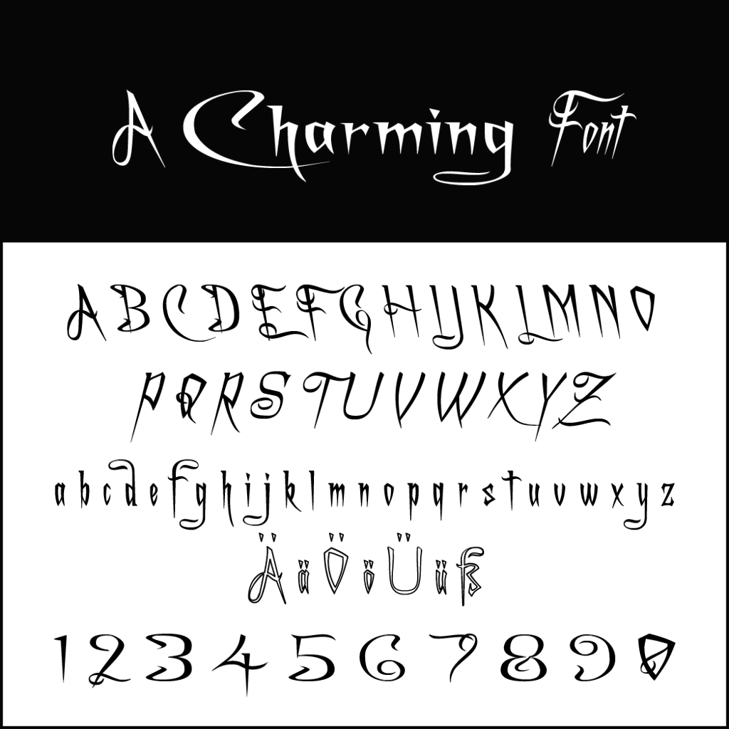 Un'anteprima del font intitolata A Charming Font mostra lettere maiuscole e minuscole stilizzate e artistiche, caratteri speciali e numeri da 0 a 9 in un design stravagante ispirato ad Halloween. Lo sfondo è diviso in sezioni scure e chiare per creare contrasto.