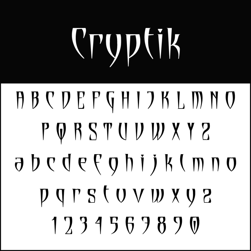 L'immagine mostra il font Cryptik, perfetto per i design di Halloween. Presenta lettere maiuscole e minuscole, insieme ai numeri da 0 a 9. Lo stile netto e spigoloso conferisce un aspetto misterioso e gotico su uno sfondo contrastante.