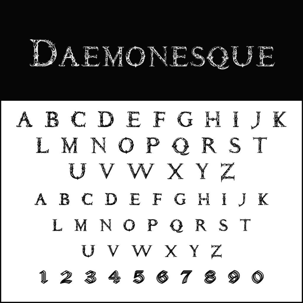 Mostra il font Daemonesque, perfetto per Halloween con il suo design strutturato e scarabocchiato. Caratterizzato da lettere maiuscole dalla A alla Z e numeri da 0 a 9 su uno sfondo bianco, aggiunge un fascino inquietante racchiuso da un bordo nero per il titolo.