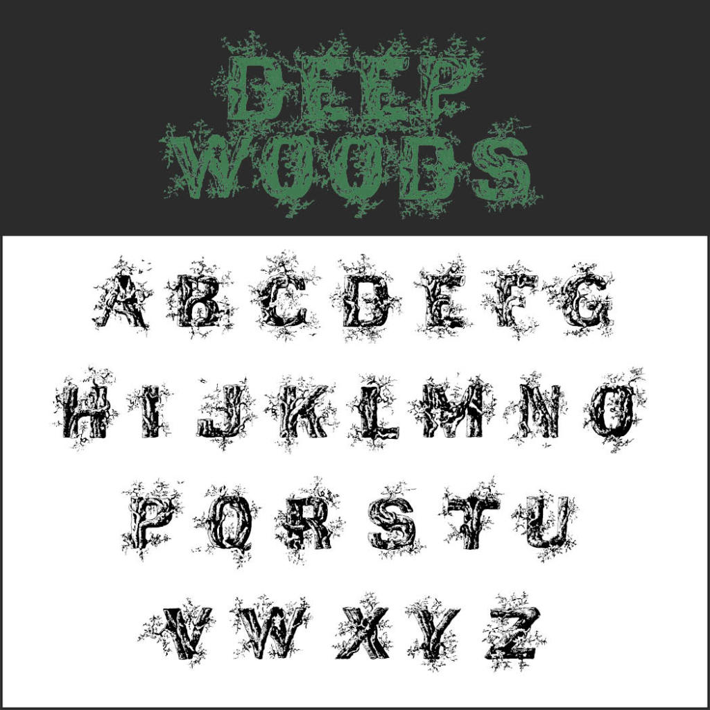 L'immagine mostra un set di alfabeti artistici intitolato Deep Woods, in cui le lettere si attorcigliano come rami aggrovigliati. Questo font inquietante, perfetto per progetti di Halloween, presenta un titolo verde in contrasto con lettere nere su uno sfondo bianco.