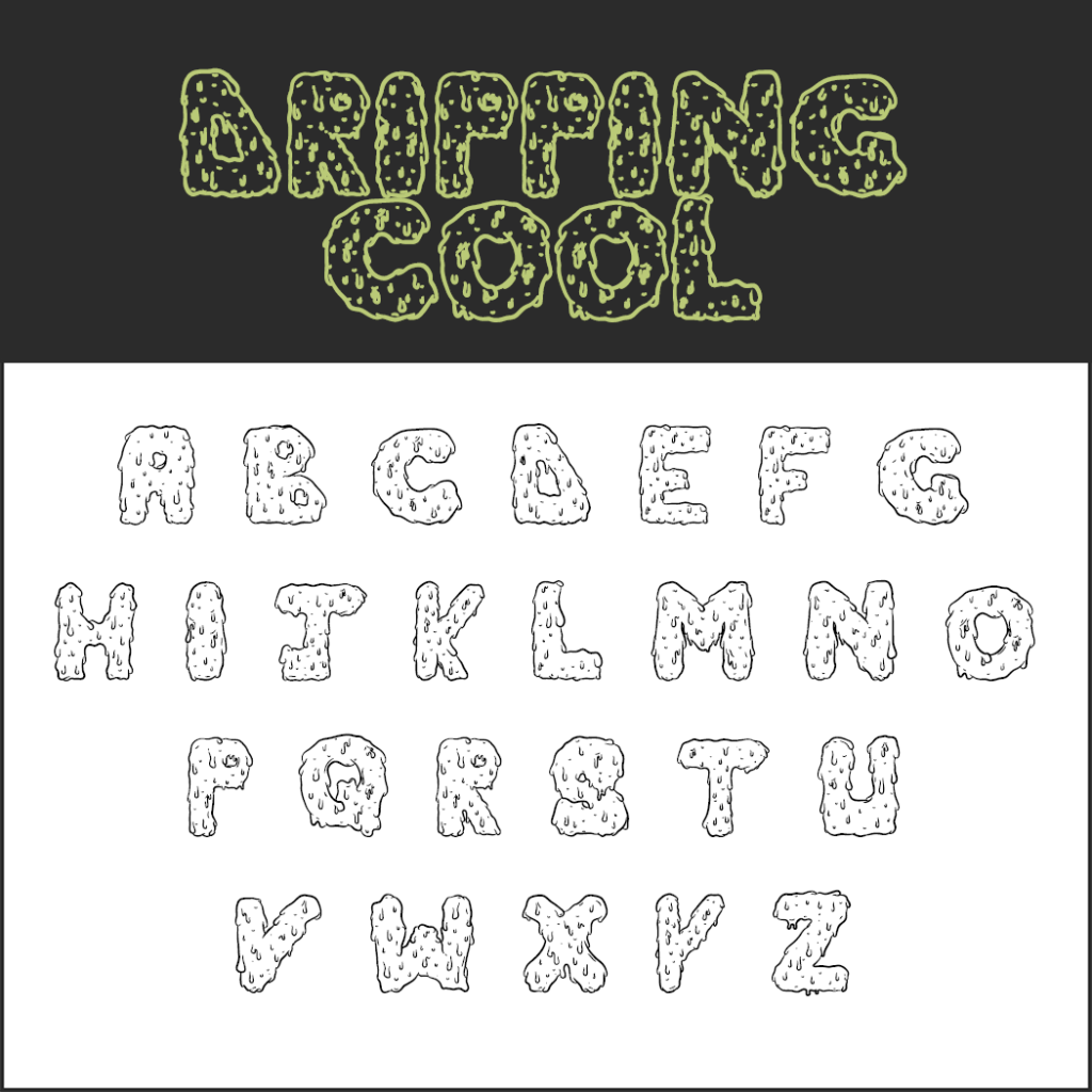 L'alfabeto ispirato ad Halloween presenta un font gocciolante e strutturato che ricorda la glassa o la melma. Le lettere dalla forma irregolare conferiscono un aspetto giocoso e creativo. In alto, la frase "Dripping Cool" si illumina di verde, aggiungendo un'atmosfera inquietante ma stravagante, perfetta per i design stagionali.