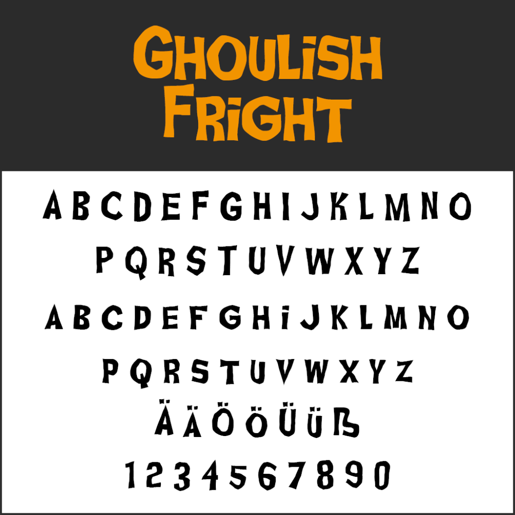 Testo che mostra un font spettrale a tema Halloween intitolato Ghoulish Fright. Include lettere maiuscole dalla A alla Z, caratteri aggiuntivi ripetuti Ä, Ö, Ü, ß e numeri da 0 a 9 in nero su sfondo bianco.