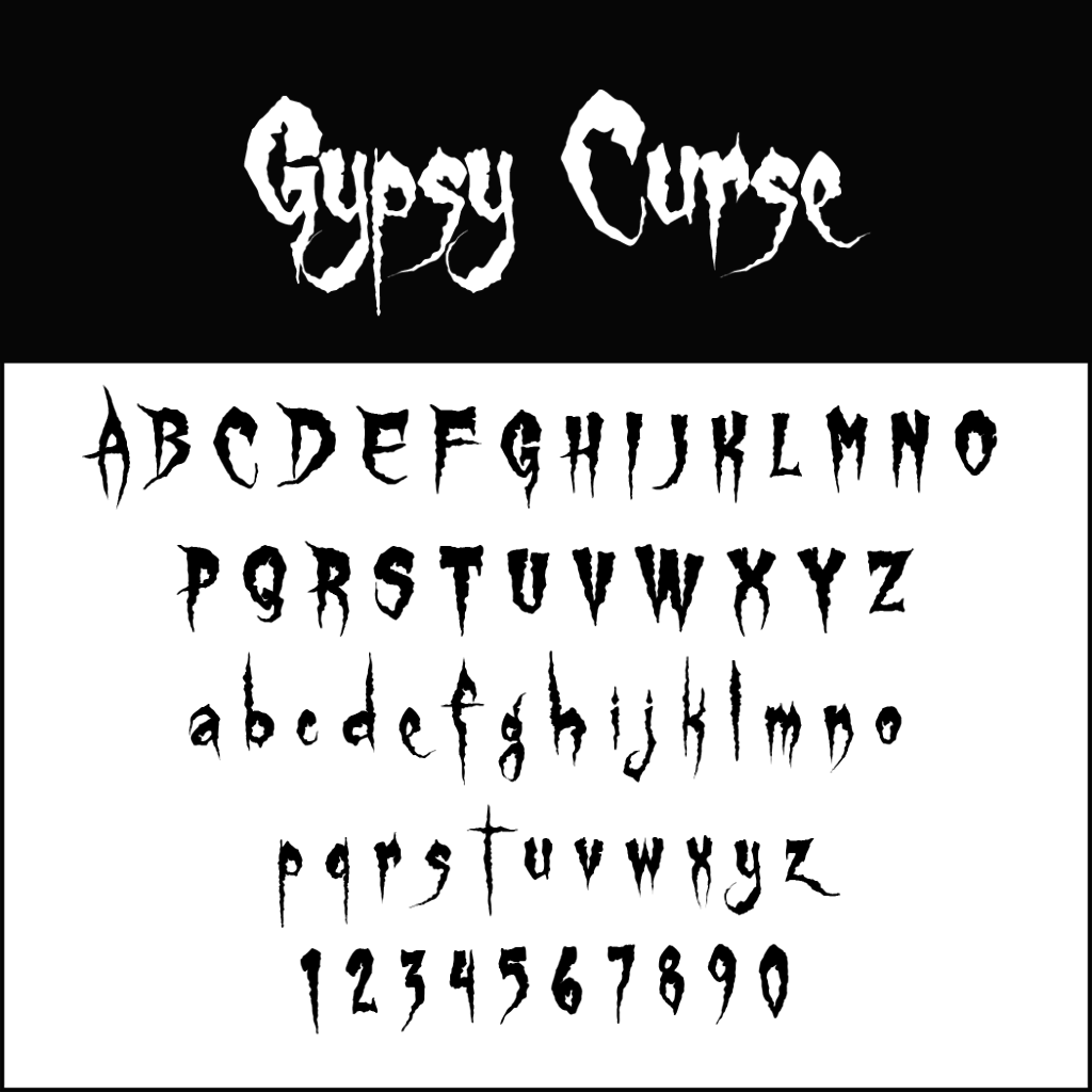 Un'esposizione di font intitolata Gypsy Curse presenta lettere maiuscole e minuscole, dalla A alla Z, e numeri da 0 a 9 in uno stile frastagliato a tema horror, perfetto per Halloween, su uno sfondo bianco e nero.