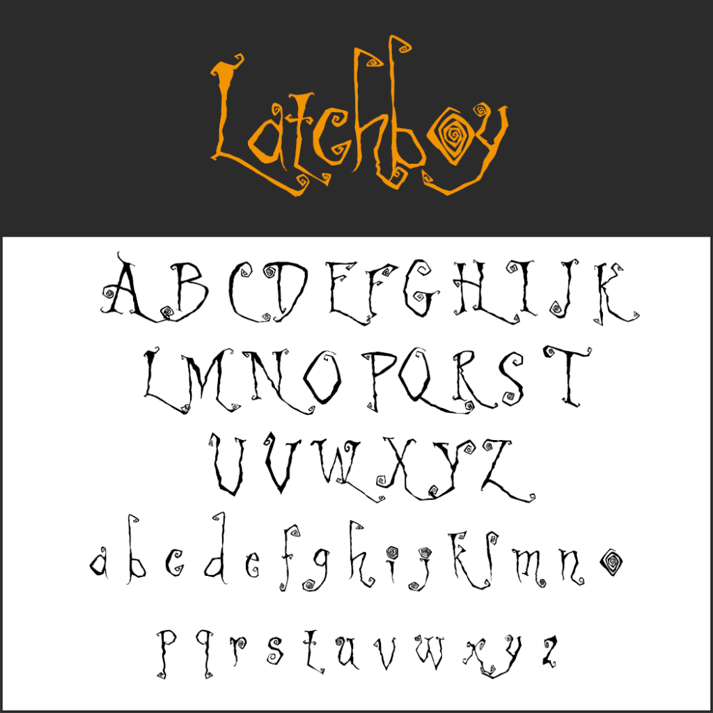 Le lettere dell'alfabeto in uno stile stravagante e contorto sono visualizzate sia in maiuscolo che in minuscolo, evocando un'atmosfera giocosa di Halloween. Il titolo Latchboy spicca in alto in arancione sullo sfondo grigio e bianco.
