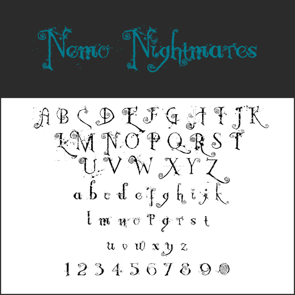 Immagine di un font decorativo chiamato Nemo Nightmares, perfetto per Halloween. Il font include lettere maiuscole e minuscole dalla A alla Z, così come numeri dallo 0 al 9, con uno stile stravagante e leggermente rovinato con dettagli ornati.