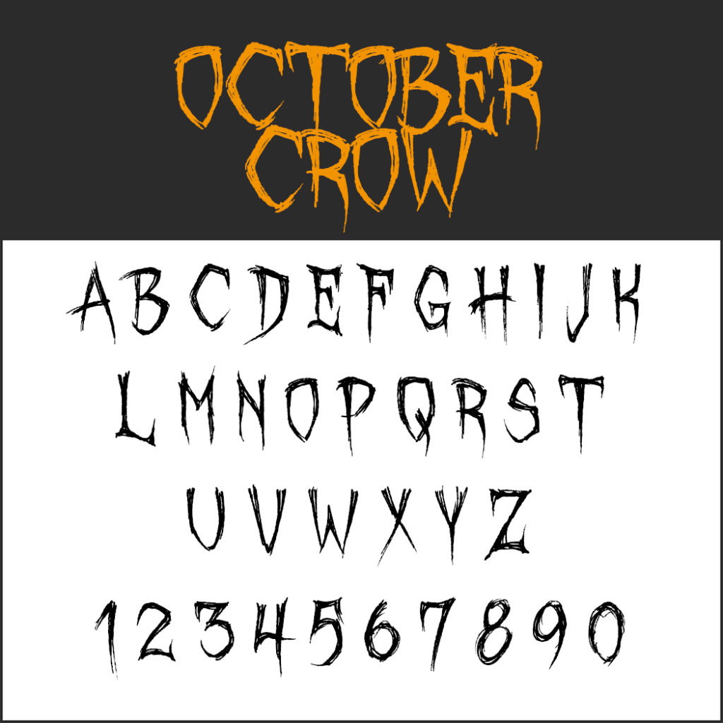 Ecco un font stilizzato a tema Halloween intitolato October Crow con lettere maiuscole dalla A alla Z e numeri dallo 0 al 9. L'aspetto frastagliato e inquietante delle lettere ricorda i segni degli artigli, con toni neri e arancioni su uno sfondo bianco, perfetto per design spettrali.