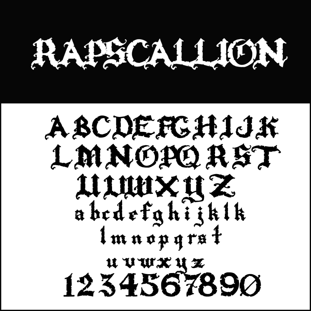 Un foglio di font in bianco e nero mostra la parola RAPSCALLION in un carattere stilizzato e frastagliato, perfetto per Halloween. Sotto, lo stesso carattere presenta lettere maiuscole e minuscole ruvide e strutturate, insieme ai numeri da 0 a 9.