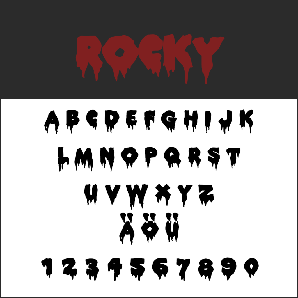 Ecco il font ispirato ad Halloween chiamato Rocky, con le lettere dalla A alla Z e i numeri dallo 0 al 9 in uno stile gocciolante a tema horror. La parola in alto Rocky è sinistramente rossa, mentre le altre rimangono nere su uno sfondo bianco. Perfetto per design da brivido!.