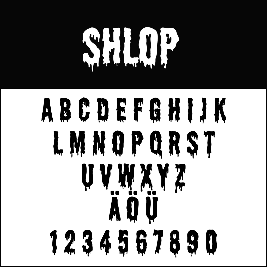 Alfabeto e numeri in un font di Halloween gocciolante e spettrale su uno sfondo bianco. La parola SLOP appare in alto in lettere più grandi e su uno sfondo più scuro. Vengono visualizzate le lettere dalla A alla Z, i caratteri speciali Ä, Ö, Ü e i numeri da 0 a 9.
