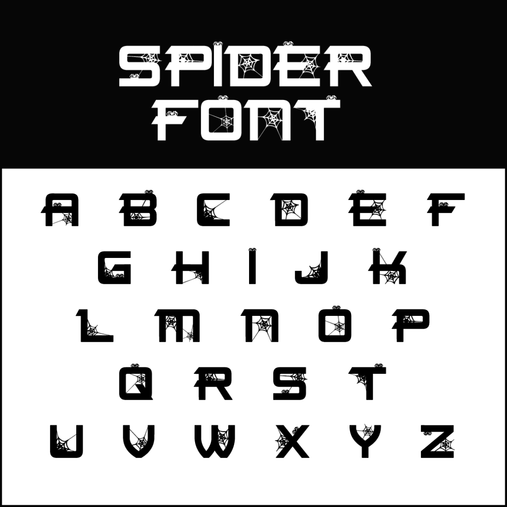 Alfabeto in un font decorativo a tema ragno, perfetto per Halloween. Ogni lettera presenta intricati disegni a ragnatela. Il titolo "Spider Font" è ben visibile in lettere più grandi in alto. Il testo nero contrasta nettamente con uno sfondo bianco e nero spettrale.