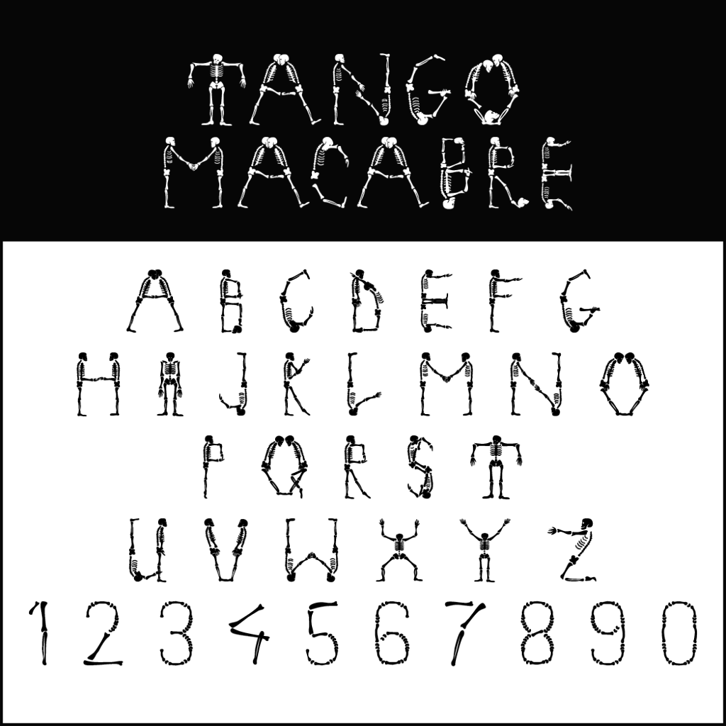 L'alfabeto e i numeri formati da illustrazioni di piccole figure in bianco e nero in varie pose creano un font inquietante. Il testo in alto recita Tango Macabre in modo stilizzato. Uno sfondo bianco con lettere e numeri sotto evoca un'inquietante atmosfera di Halloween.