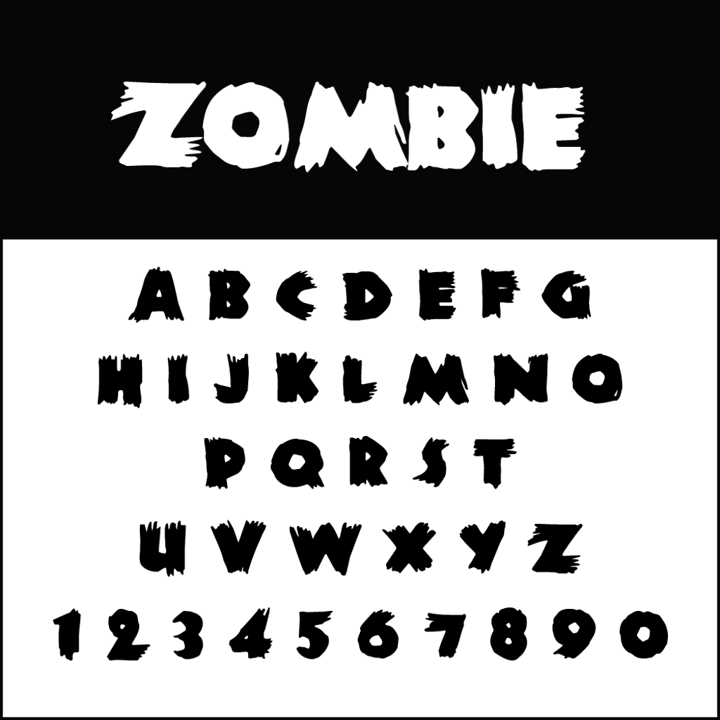 Viene visualizzato un font spettrale intitolato Zombie, perfetto per Halloween. L'alfabeto dalla A alla Z e i numeri dallo 0 al 9 sono mostrati in uno stile bianco e frastagliato con uno sfondo nero per il titolo e uno sfondo bianco per le lettere e i numeri inquietanti.