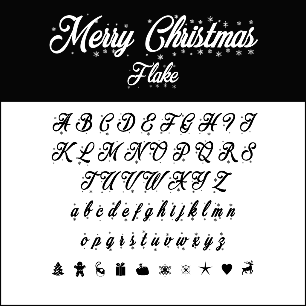 L'immagine mostra un set di font a tema natalizio chiamato Flake, decorato con fiocchi di neve festosi. Questo font natalizio include sia lettere maiuscole che minuscole in uno stile decorativo. Icone delle feste come un pupazzo di neve, un regalo, un fiocco di neve e una renna abbelliscono la parte inferiore di questa graziosa esposizione.