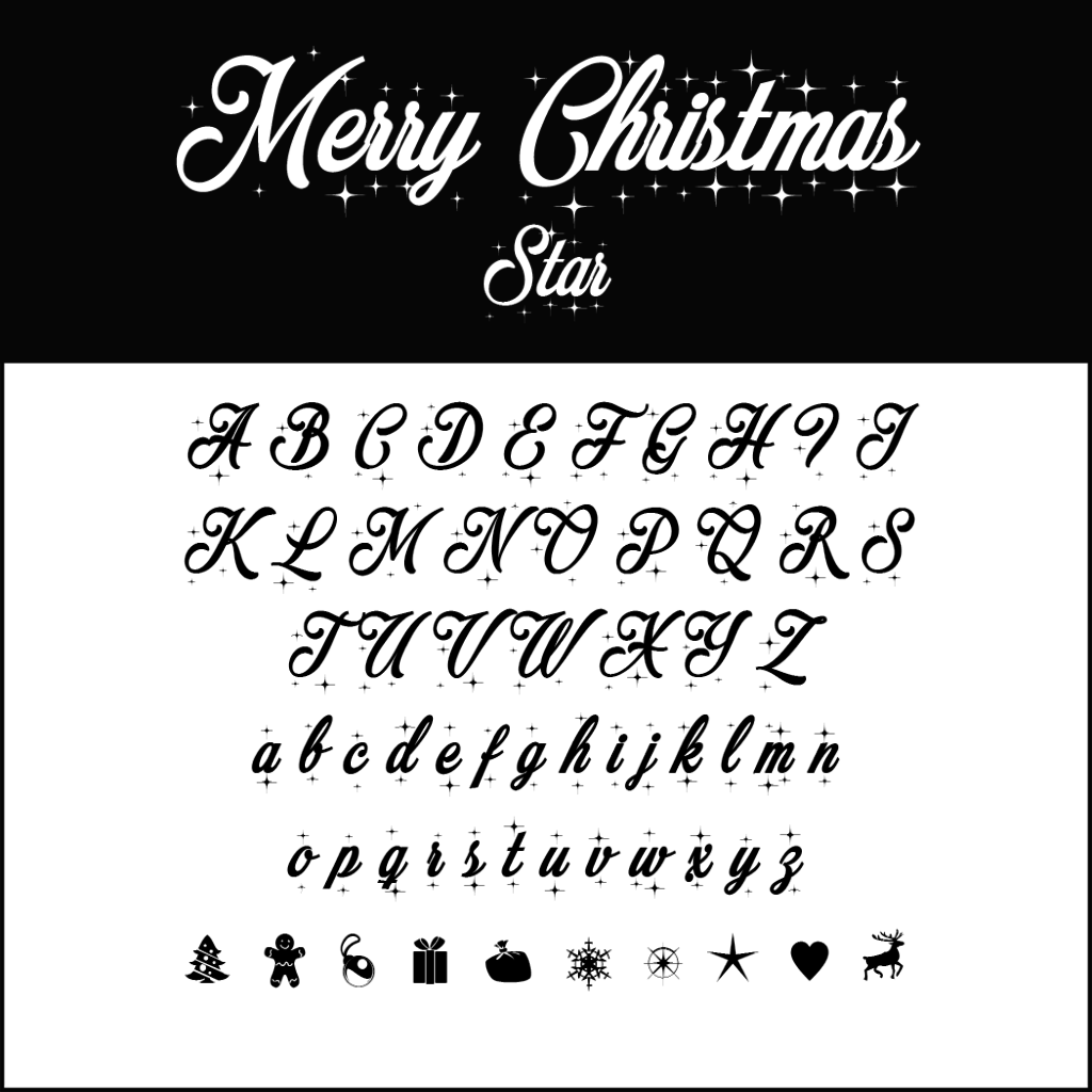 Un campione di font decorativo intitolato Merry Christmas Star presenta lettere corsive maiuscole e minuscole. Questo font natalizio festoso è accompagnato da simboli come un albero, un pupazzo di neve, una campana, un regalo, una stella, fiocchi di neve, un cuore e una renna su uno sfondo bianco e nero.