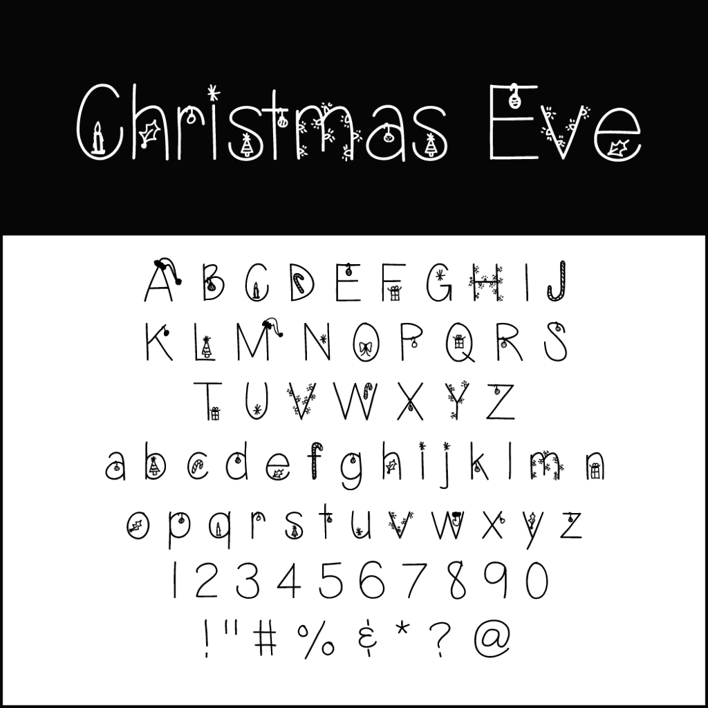 Esempio di font stravagante a tema natalizio con lettere maiuscole e minuscole, numeri e simboli. Questi "font natalizi" decorativi presentano elementi delle feste come ornamenti e fiocchi di neve. Il nome del font Christmas Eve è evidenziato in alto.