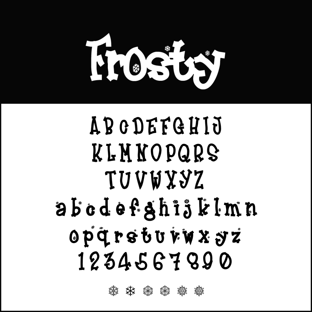 L'immagine mostra un font chiamato Frosty, perfetto per le festività. Caratterizzato da lettere maiuscole e minuscole e numeri da 0 a 9, questo font natalizi abbraccia un tema invernale con elementi di fiocchi di neve e gelo. Cinque icone di fiocchi di neve riposano elegantemente in basso.