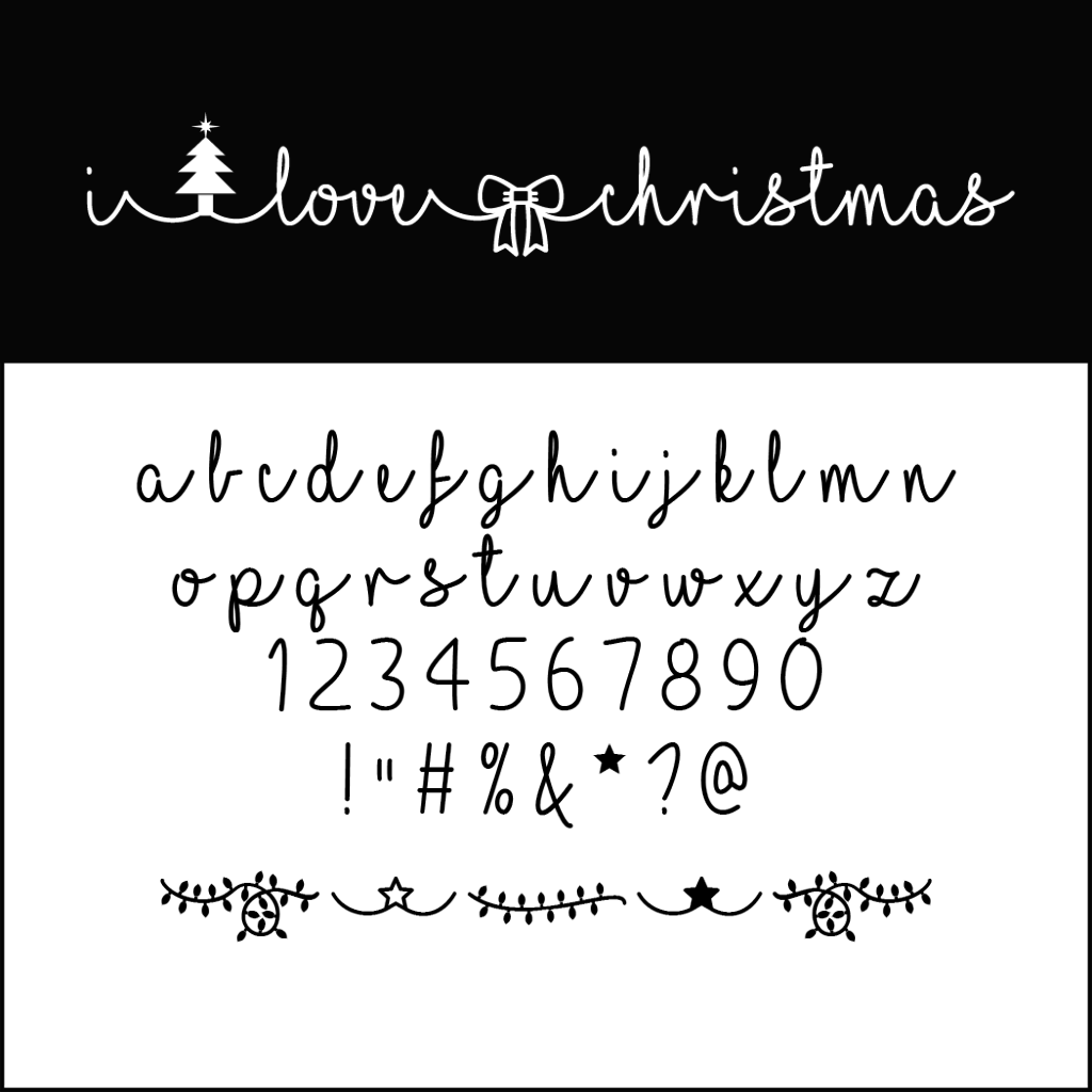 Viene visualizzato un alfabeto stravagante, in stile scritto a mano, con lettere minuscole, numeri, caratteri speciali e decorazioni. In alto si legge "i love christmas" con un albero e un fiocco su uno sfondo diviso in bianco e nero, che mostra un grazioso font natalizi.