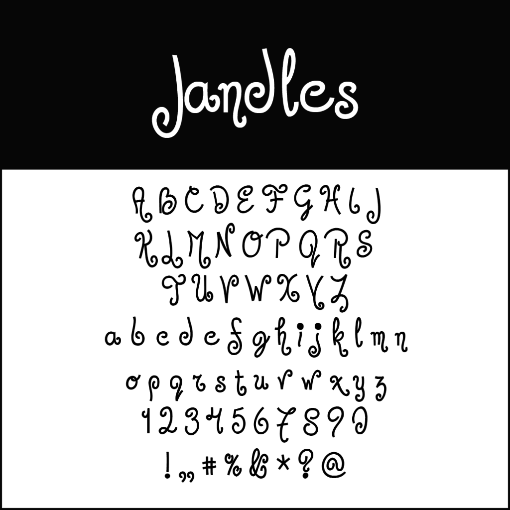 Immagine di un font decorativo denominato Jandles, che ricorda il font natalizio, caratterizzato da lettere arricciate e giocose, sia maiuscole che minuscole, insieme a numeri e segni di punteggiatura comuni, visualizzati su uno sfondo bianco e nero.