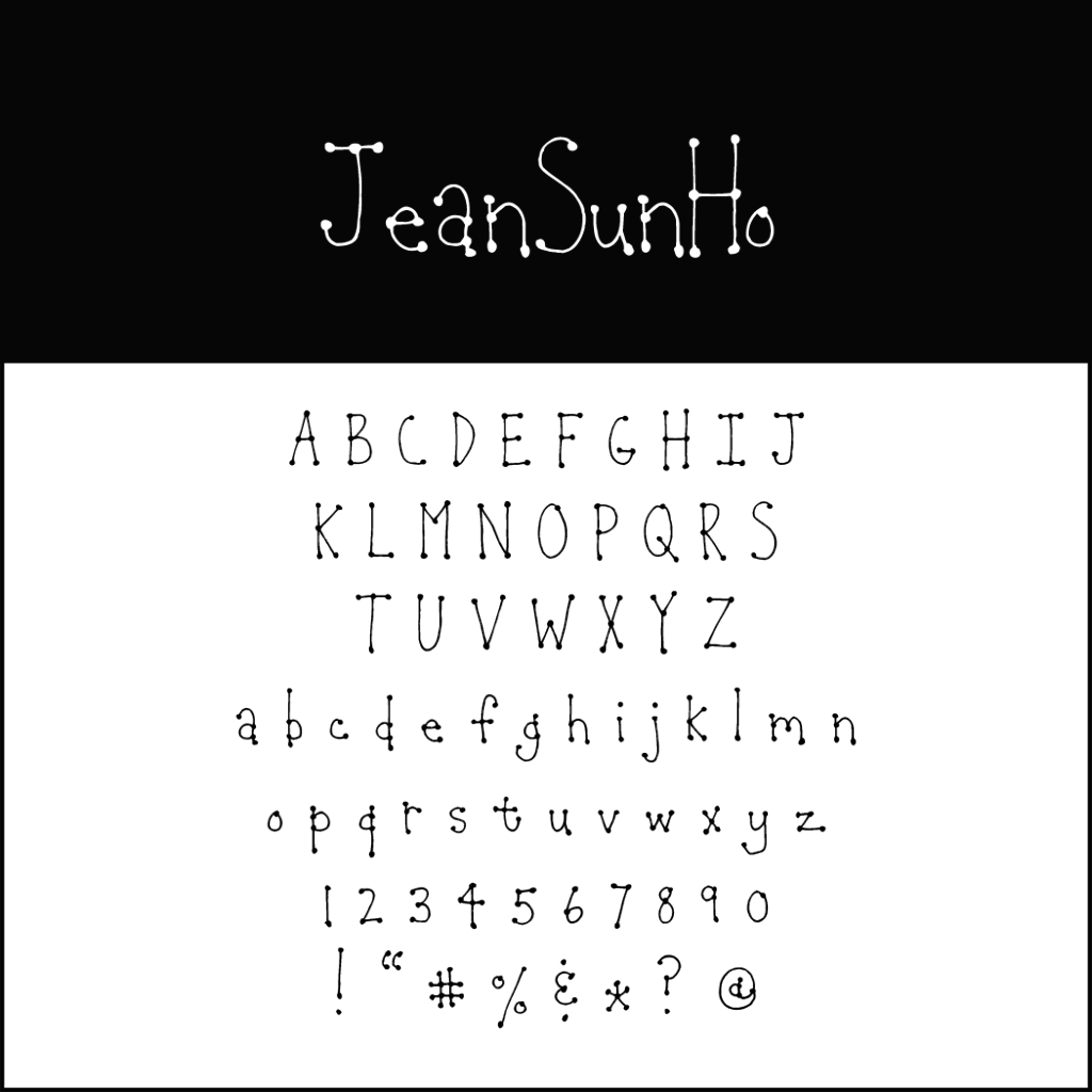 Un campione di font giocoso e punteggiato in lettere maiuscole e minuscole, più numeri e simboli. Il font natalizi JeanSunHo è esposto in alto in una scrittura stilizzata. I caratteri sono uniformemente distanziati su uno sfondo bianco, offrendo un tocco allegro a qualsiasi progetto.
