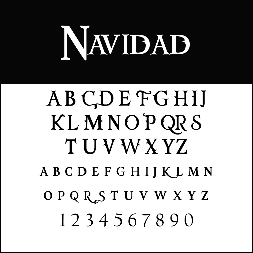 Esempio di font in bianco e nero intitolato Navidad. Mostra alfabeti maiuscoli due volte e numeri da 0 a 9, mostrando lettere stilizzate che ricordano i classici temi delle feste. Questo design elegante cattura il fascino festoso spesso visto nelle collezioni di font natalizi.