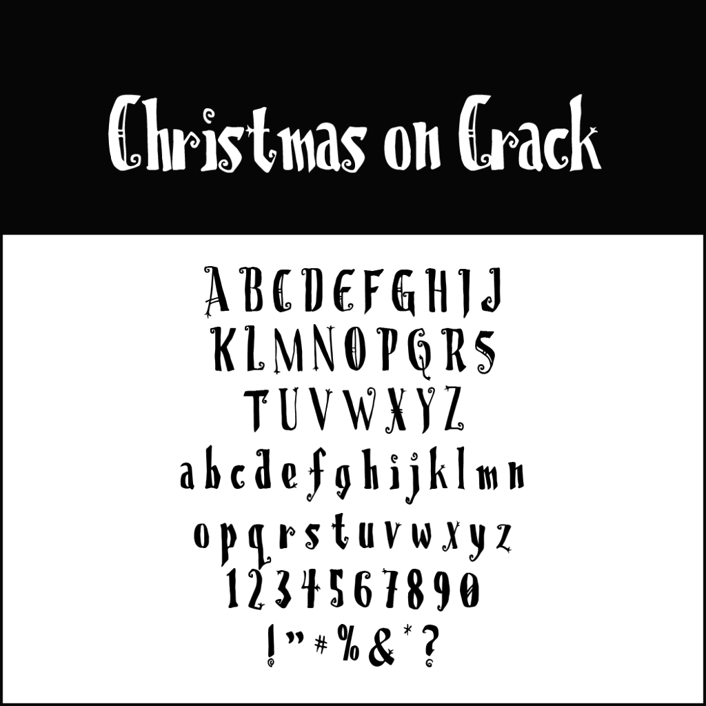 Esempio di font intitolato Christmas on Crack, visualizzato in uno stile decorativo e irregolare tipico del font natalizi. Include lettere maiuscole e minuscole, numeri da 0 a 9 e segni di punteggiatura (!#$%&*?), tutti caratteri resi in nero su sfondo bianco.
