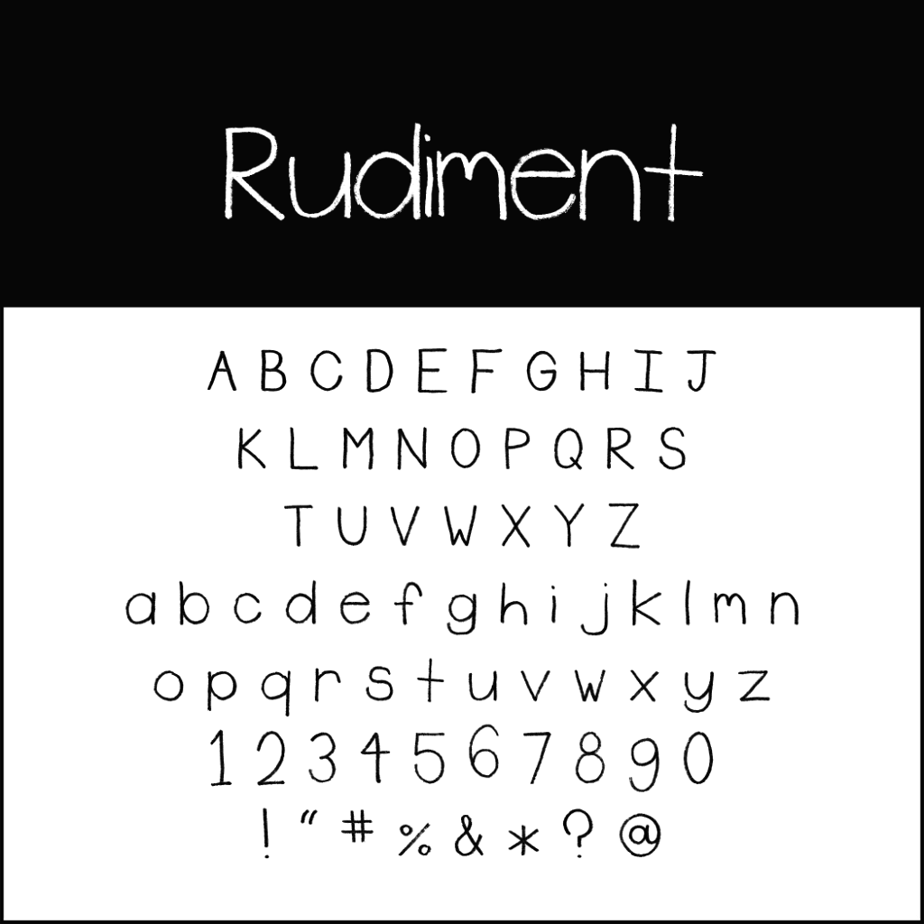 Esempio di font ispirato al periodo natalizio intitolato Rudiment, con lettere maiuscole e minuscole disegnate a mano, numeri da 0 a 9 e vari simboli su uno sfondo bianco con un'intestazione nera in grassetto.