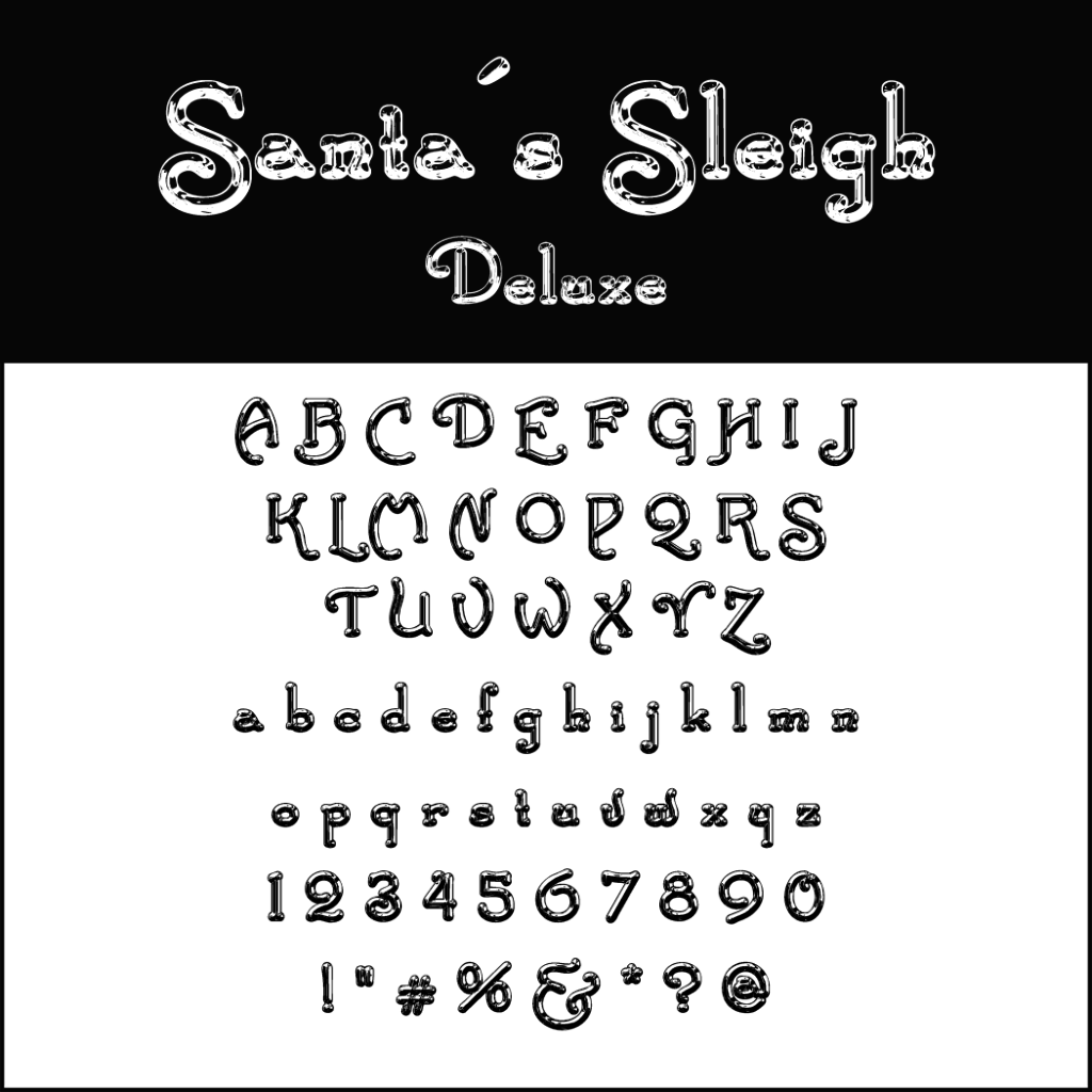 Immagine di testo che mostra il font natalizi intitolato Santa's Sleigh Deluxe. Questo set decorativo include lettere maiuscole e minuscole, numeri da 0 a 9 e punteggiatura. Il font presenta un design festoso e ornamentale con accenti di fiocchi di neve su uno sfondo nero.