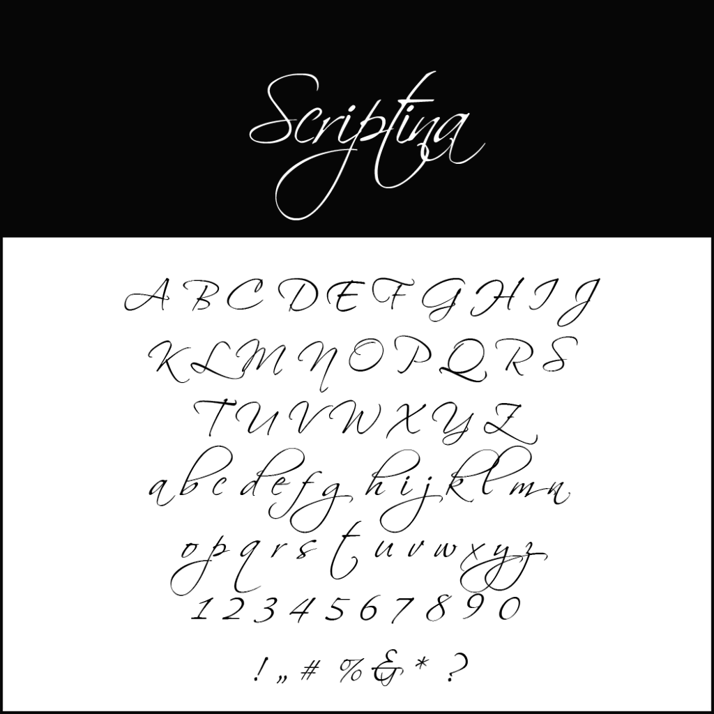 Esempio di font corsivo stilizzato intitolato Scriptina in bianco su sfondo nero. In basso, l'alfabeto completo è visualizzato sia in maiuscolo che in minuscolo, insieme ai numeri da 0 a 9 e vari segni di punteggiatura. Questo design elegante offre un tocco del fascino classico che si trova negli stili di font natalizi.