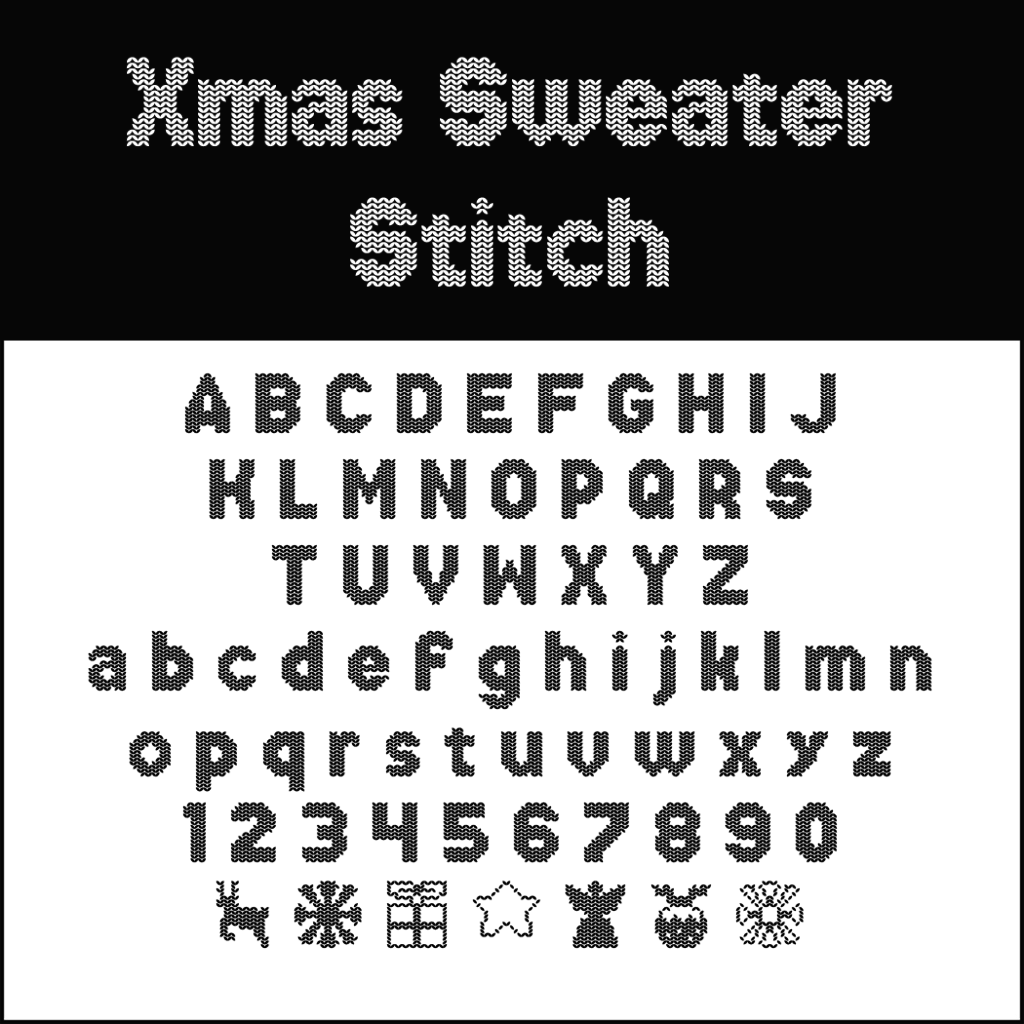 Un disegno a punto croce a tema nero con le parole Xmas Sweater Stitch in alto. Abbracciando un font natalizio, include alfabeti maiuscoli e minuscoli, numeri da 0 a 9 e piccole icone come un fiocco di neve, un albero, una stella e un regalo.