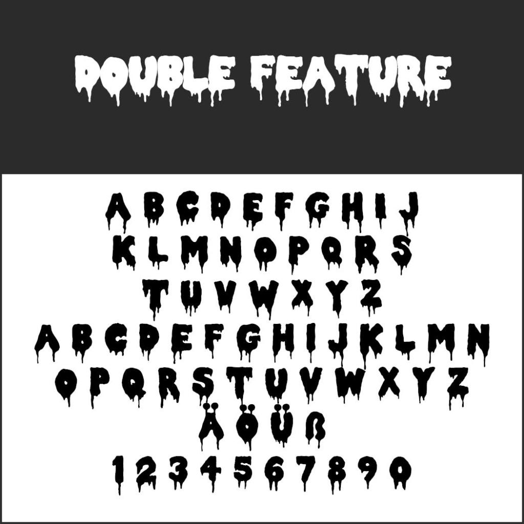 Viene mostrato un font spettrale intitolato Double Feature, perfetto per locandine. Le lettere maiuscole e i numeri gocciolano come cera o melma sciolte. Questo set inquietante include l'alfabeto inglese completo e i numeri da 0 a 9, ideali per aggiungere un tocco agghiacciante ai tuoi design.