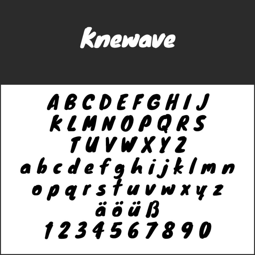 Un esempio di font intitolato Knewave presenta uno stile audace e scritto a mano, perfetto come font per locandine, con lettere dalla A alla Z in entrambi i casi, caratteri speciali come ä, ö, ü, ß e numeri da 0 a 9.
