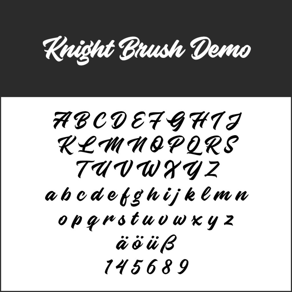 Il campione di font Knight Brush Demo, ideale per font per locandine, presenta alfabeti maiuscoli e minuscoli, dieresi tedesche e numeri su uno straordinario sfondo bianco e nero.