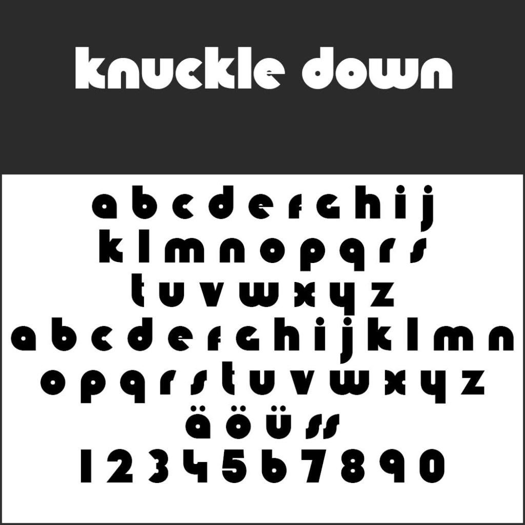 L'immagine presenta un font stilizzato intitolato knuckle down in bianco su sfondo nero. In basso, l'alfabeto minuscolo completo, le lettere ä, ö, ü, ß e i numeri da 0 a 9 sono mostrati nello stesso stile arrotondato e in grassetto, perfetto come font per locandine.