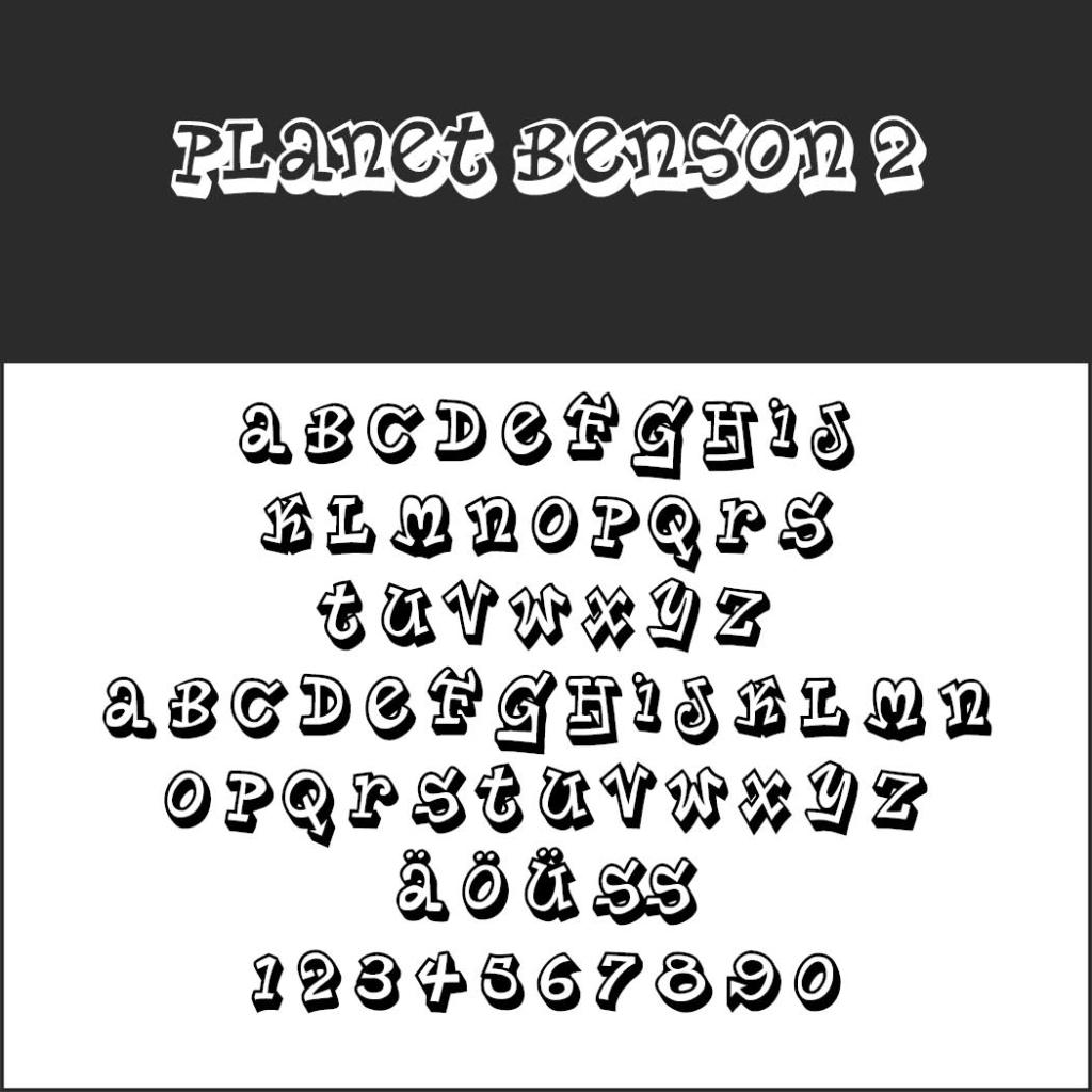 Viene presentato un font giocoso, in stile bubble, perfetto per locandine, chiamato Planet Benson 2. L'alfabeto appare in maiuscolo e minuscolo, con numeri da 0 a 9 e caratteri speciali come ä, ö e ß su uno sfondo bianco e nero sorprendente.