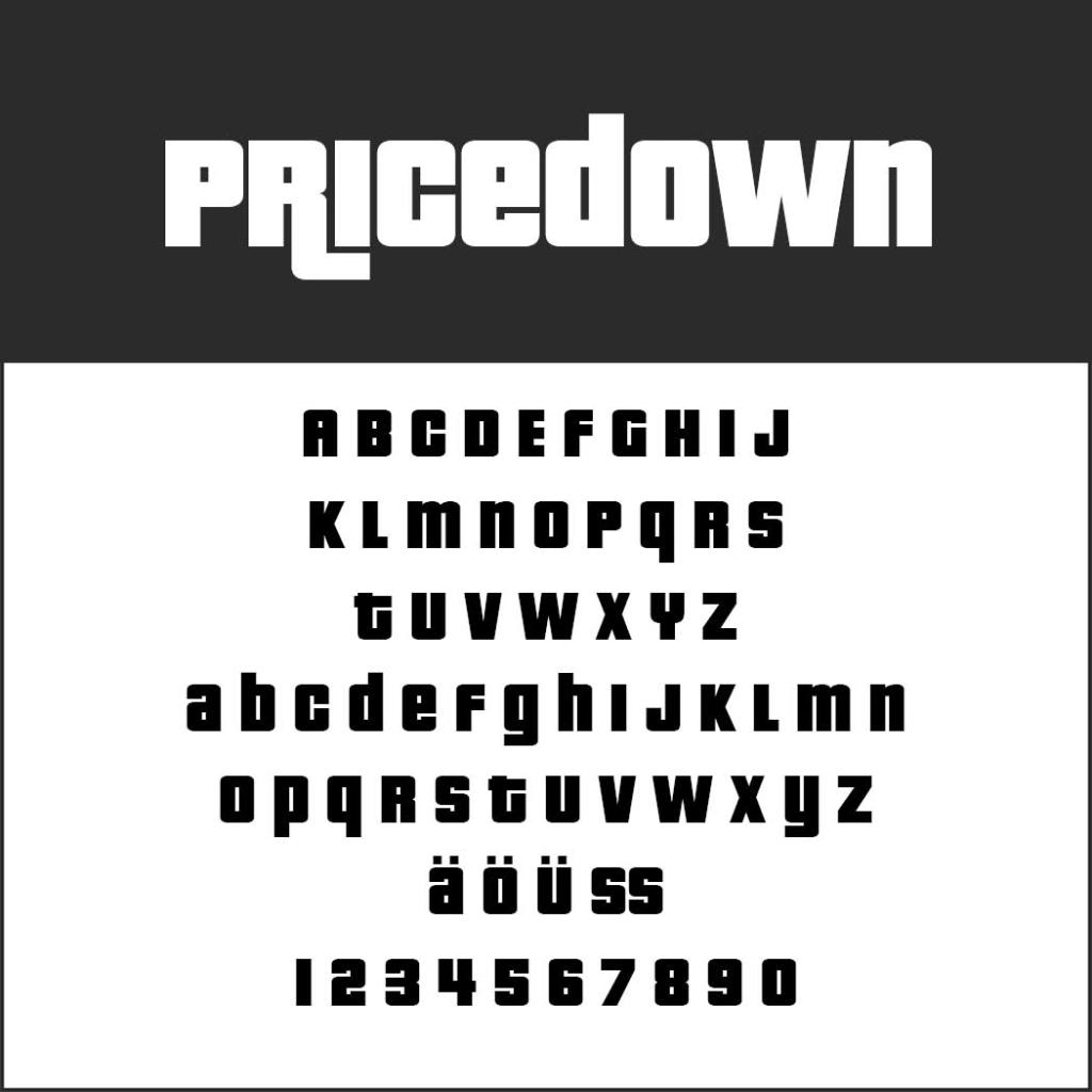 L'immagine mostra il carattere Pricedown, ideale come font per locandine, con lettere maiuscole e minuscole, caratteri speciali (ä, ö, ü, ß) e numeri da 0 a 9. Lo sfondo è diviso in una sezione superiore nera e una inferiore bianca.