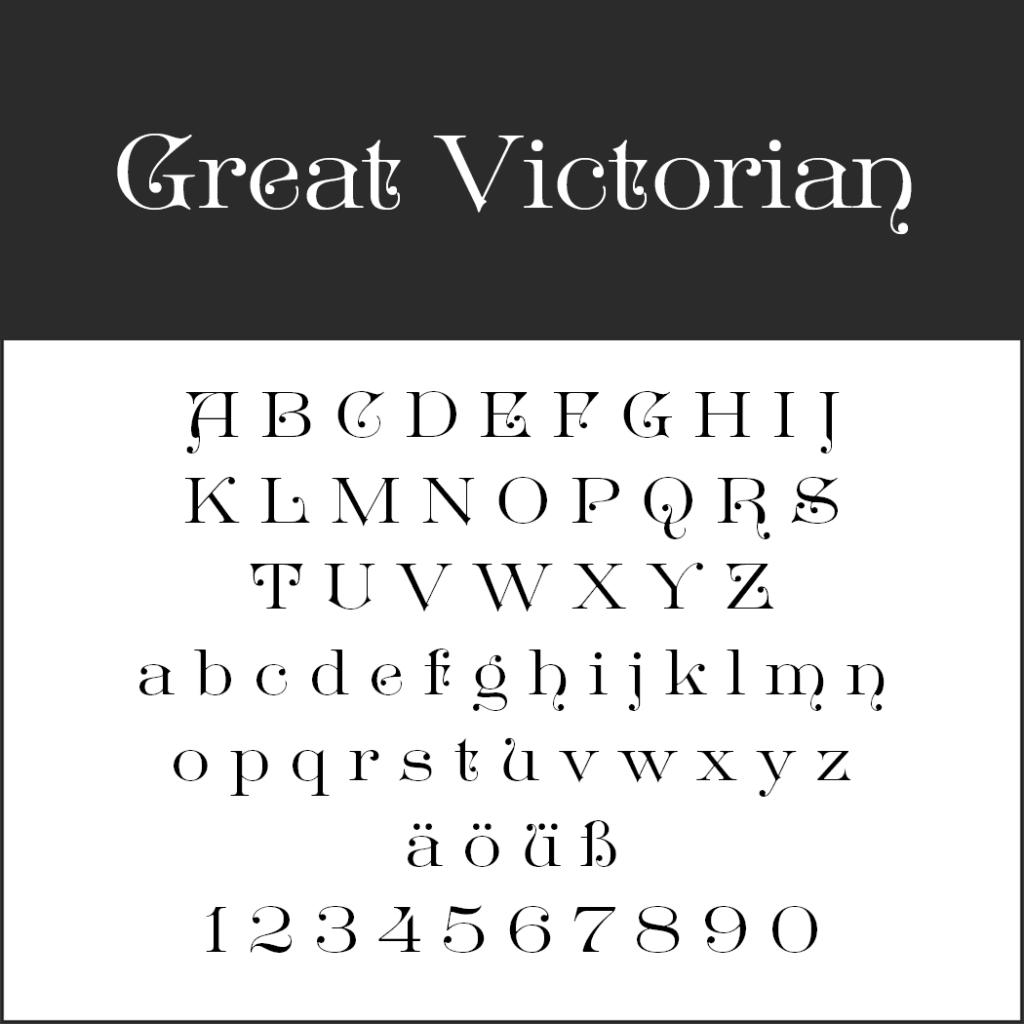 Ecco il font Great Victorian, perfetto per i font dei menu. Questo font stilizzato presenta lettere maiuscole ornate e lettere minuscole e numeri con grazie classiche. Include caratteri speciali, tutti visualizzati elegantemente su uno sfondo bianco e nero.