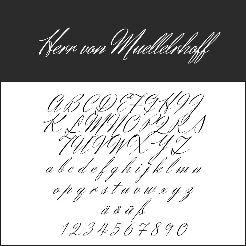 L'immagine mostra il font Herr von Muellerhoff script, perfetto per eleganti font di menu. Presenta lettere maiuscole e minuscole, numeri e caratteri speciali come ä, ö, ü, ß. La parola "Herr von Muellerhoff" è elegantemente visualizzata in alto.