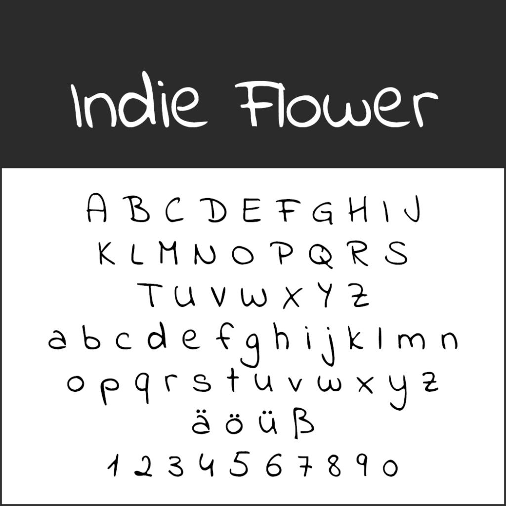 Esempio di font intitolato Indie Flower che presenta lettere maiuscole, minuscole e numeri da 0 a 9 in uno stile giocoso e scritto a mano su uno sfondo bianco: ideale per aggiungere un tocco personale ai font dei menu.