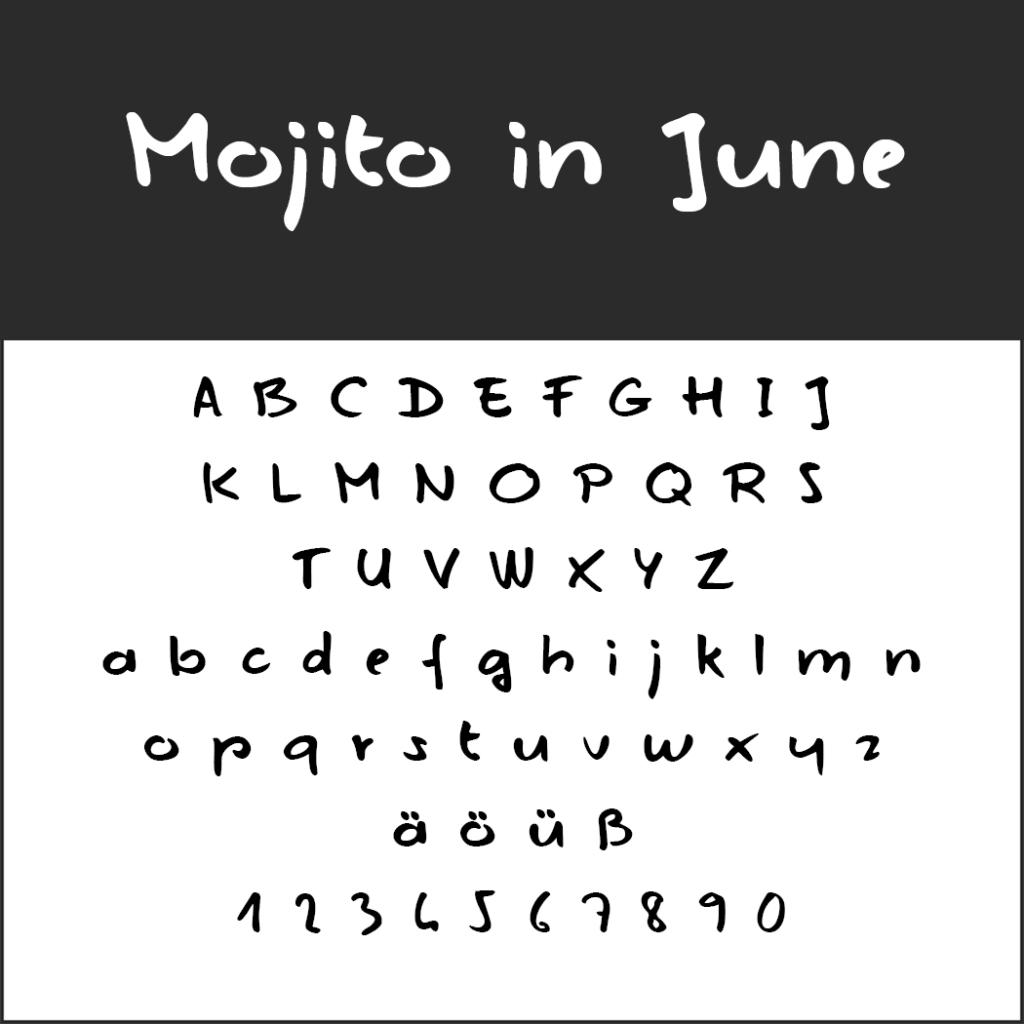 Esempio di font scritto a mano intitolato Mojito in June in un design in grassetto in bianco e nero, perfetto per i font dei menu. Sono visualizzate lettere maiuscole, minuscole, dieresi e numeri.