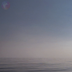Una mongolfiera sale in un cielo azzurro e terso sopra un mare calmo, circondata da una debole foschia. Come un cinemagrafo vivente, l'acqua riflette la morbida luce del sole, creando un'atmosfera serena e pacifica.