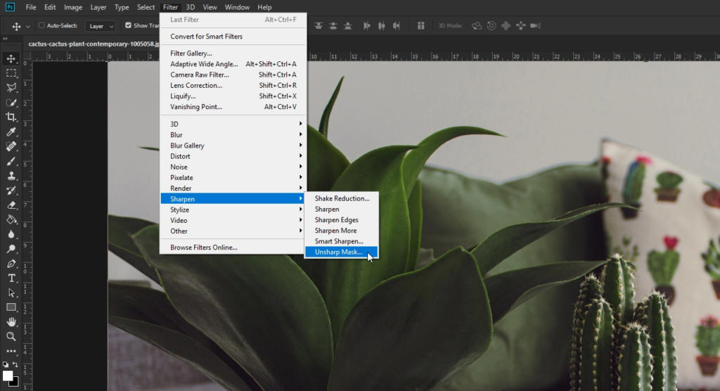 Uno schermo di computer mostra un'interfaccia software di modifica delle immagini. Un menu a discesa mostra le opzioni del filtro, con Unsharp Mask evidenziato. Sullo sfondo, c'è un'immagine sfocata di una pianta verde e un cactus, che allude alle regolazioni precise possibili con le tecniche di filtro passa alto.