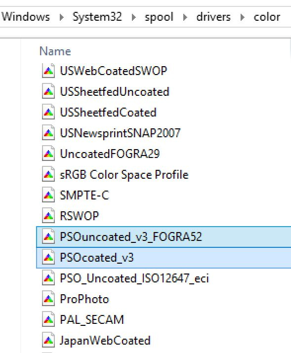 Uno screenshot di una directory di Windows mostra vari file di profilo colore, con in primo piano PSOuncoated_v3_FOGRA52. Tra questi, si possono vedere anche le opzioni icc del profilo come USWebCoatedSWOP e sRGB Color Space Profile.