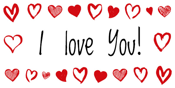 Il testo che recita I love You! è circondato da file di cuori rossi in vari stili, tra cui disegni pieni, a strisce e delineati, su uno sfondo bianco. Questi graziosi motivi sono perfetti per i Valentinstag Vorlagen.