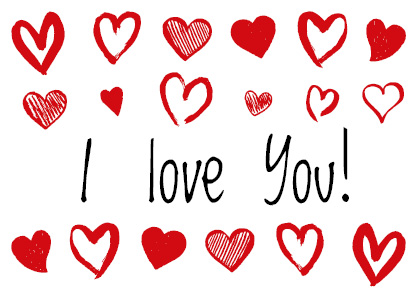 L'immagine mostra la frase "Ti amo!" in grassetto e nero, su uno sfondo grazioso di cuori rossi di vari stili e dimensioni, perfetti come auguri di San Valentino.