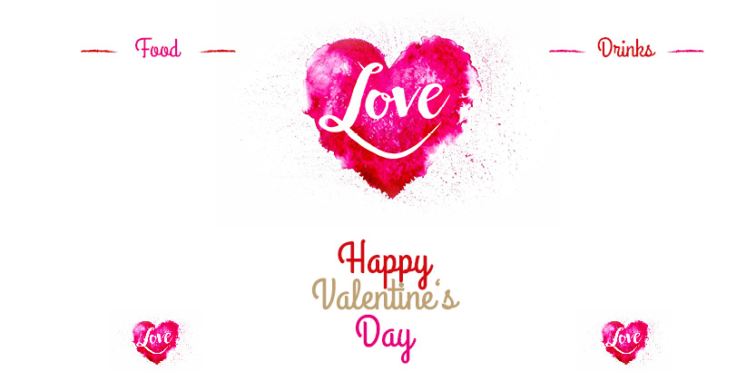 Un cuore acquerello con "Love" al centro è circondato dal testo "Food and Drinks". Sotto, appare "Happy Valentine's Day", accentuato da cuori più piccoli con "Love" negli angoli. Questo grazioso design funge da perfetto Valentinstag Vorlagen su uno sfondo bianco pulito.