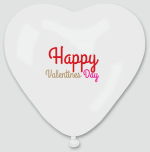 Un grazioso palloncino bianco a forma di cuore riporta la scritta "Buon San Valentino" in un'elegante scritta rossa e rosa, che ricorda il classico Valentinstag Vorlagen.